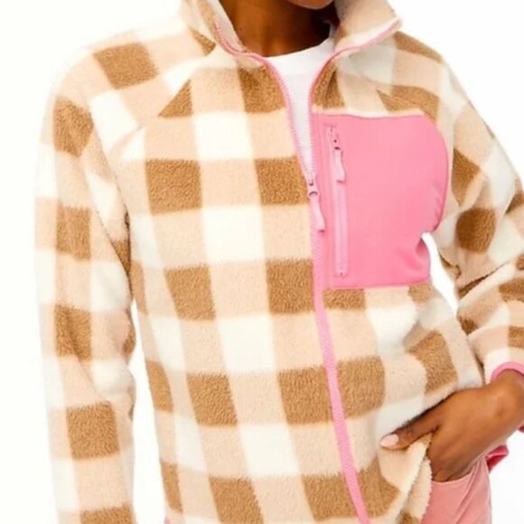 J. Crew Plaid Woven Sherpa Sip-Up with Pink Pocket, EUC - Picture 1 of 5